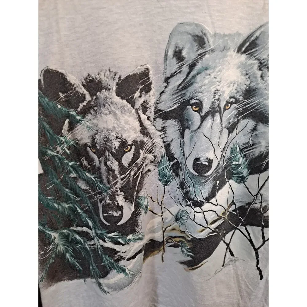 Single Stitch Hanes Men's Wolf Wolves Print Black Short Sleeve Round Neck Size L